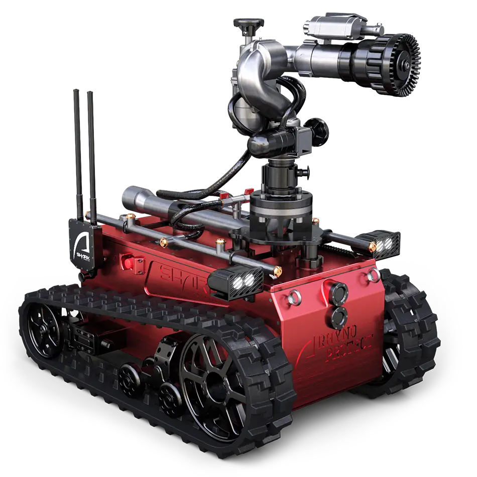 Rhyno Protect firefighting robot with 2000 L/min water cannon