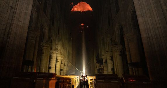 Interior view of the Notre-Dame fire with the Colossus robot in action.