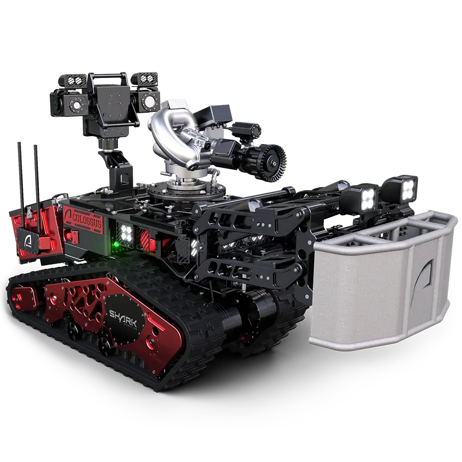 Colossus firefighting robot with base module, HD+thermal turret, motorized bull bar, and high-flow water cannon.